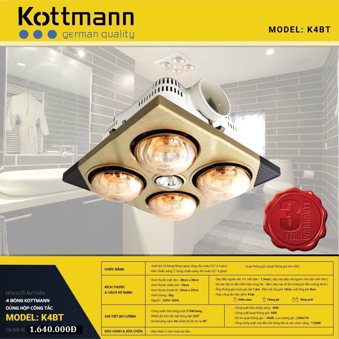 Đèn sưởi 4 bóng âm trần Kottmann – K4BT